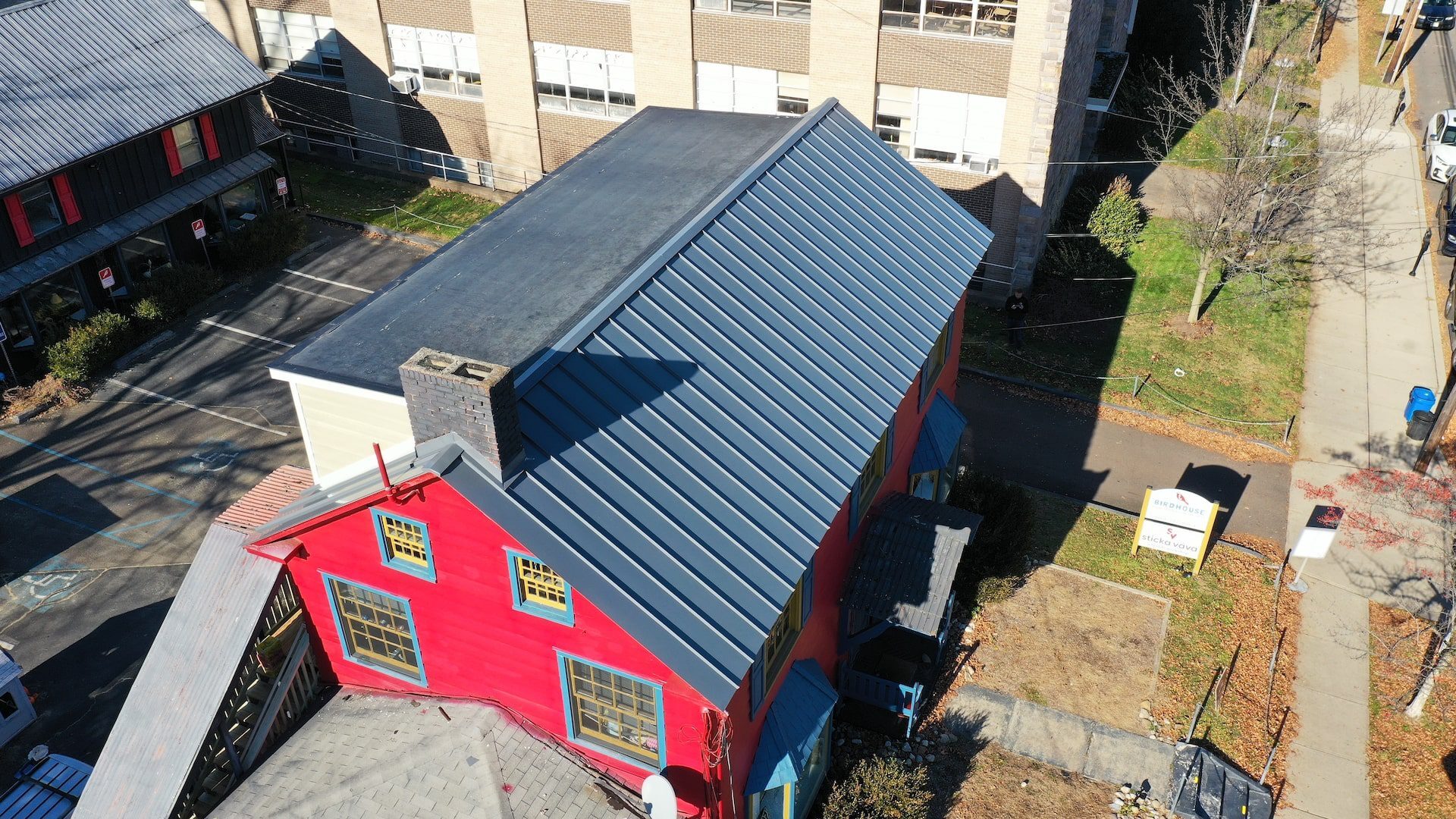 Lambertville metal roof-overhead-min Image of a historic building in Lambertville NJ with a new metal roof installed by Alte Exteriors.