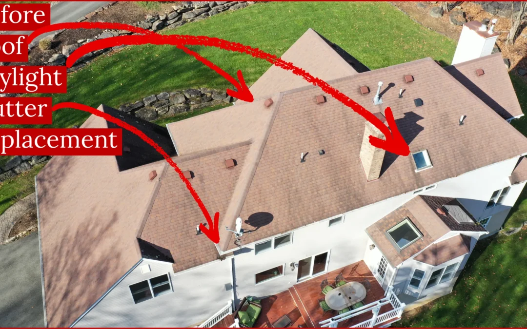 after having roof repaired by another contractor, condition before roof replacement, Gutter replacement, and skylight installation